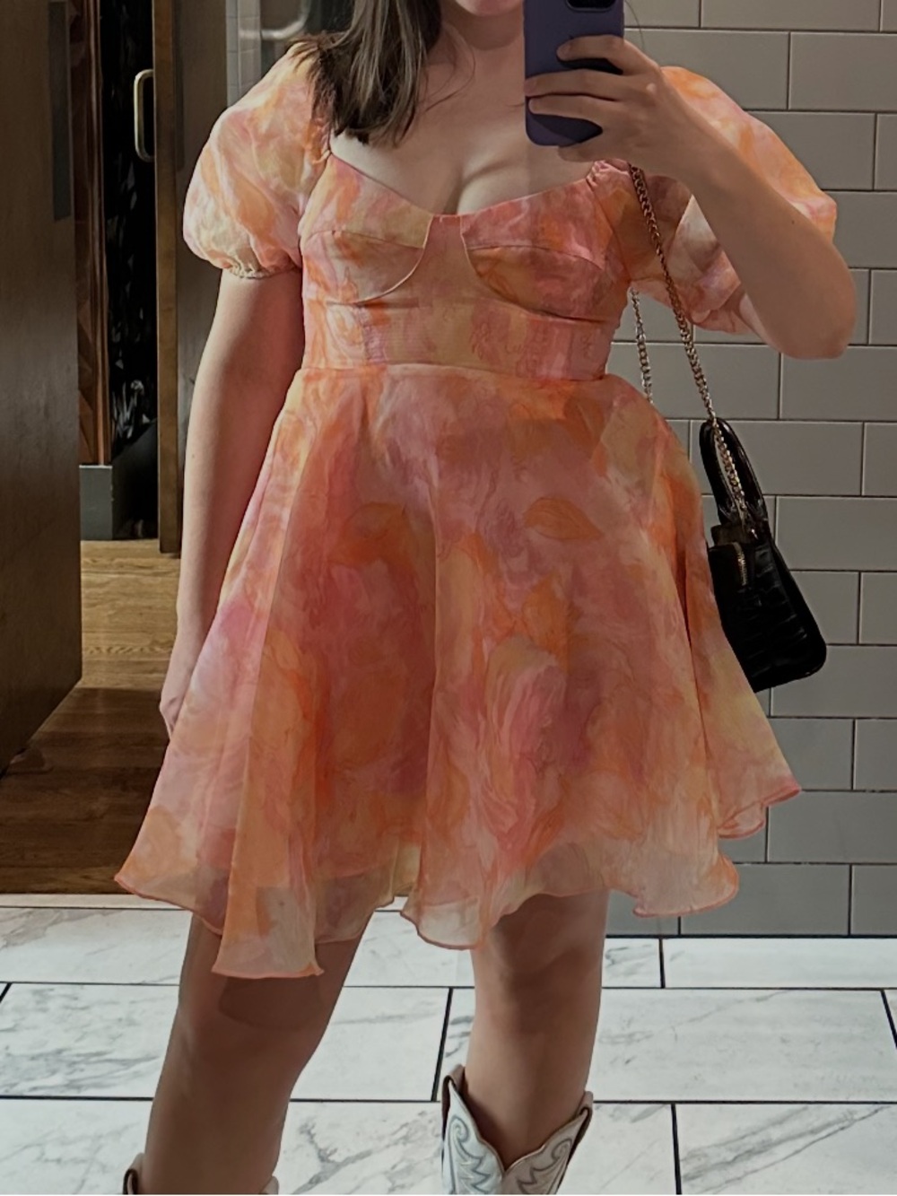 Whimsical Pink-Orange Lush Sunshine Short Puff Sleeve Organza Mini Dress